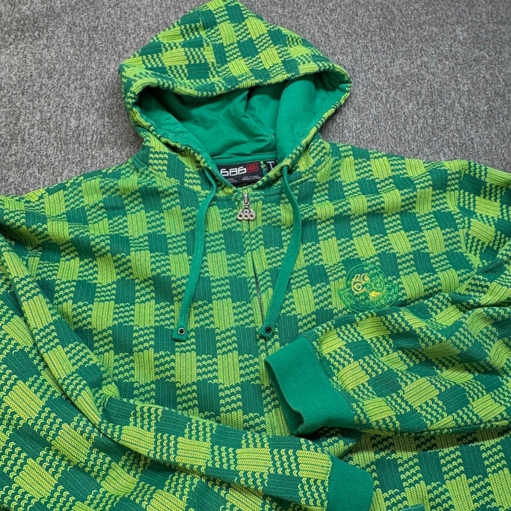 686 Six Eight Six Mens Y2K Electric Green Checkered‎ Knit Full Zip Hoodie Large